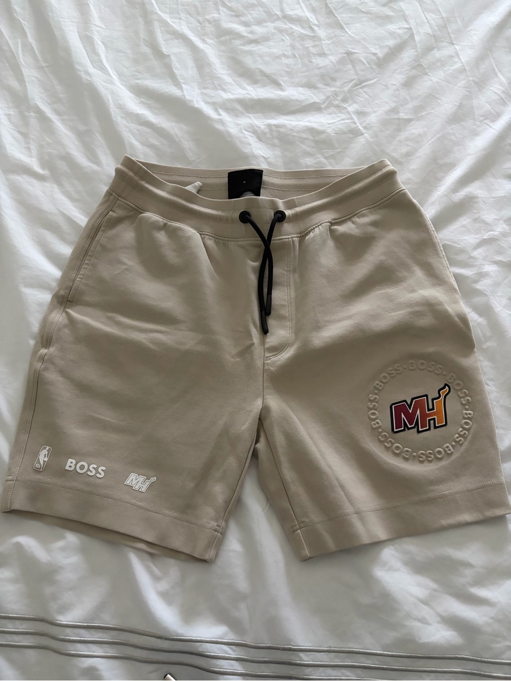 BOSS Beige Athletic Logo Drawstring Men’s Shorts with MH Patch